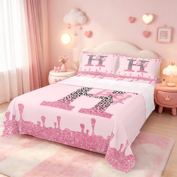 meiyoeat Pink Bow Tie Monogram Bed Sheets For Girls,Sparkling Leopard Drip Print Full Size Sheets,4 Pieces1 Flat Sheet, 1 Fitted Sheet and 2 Pillowcases