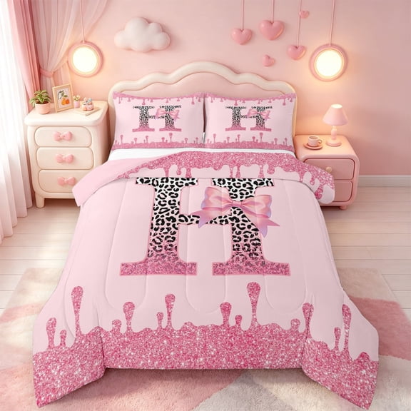 meiyoeat Pink Bow Tie Monogram Full Size Comforter Sets For Girls,Sparkling Leopard Drip Print Bedding Comforter Set,Pink Reversible,3 Pieces,1 Comforter and 2 Pillowcases