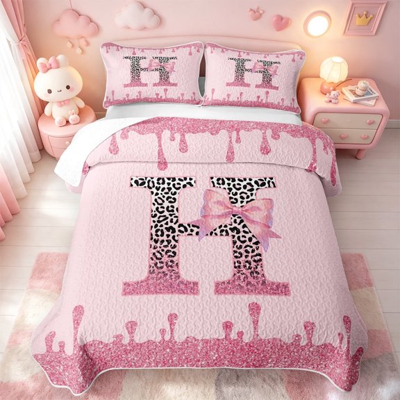 meiyoeat Pink Bow Tie Monogram Quilt Full For Girls,Sparkling Leopard Drip Print Full Bedspread Sets,3 Pieces,1 Coverlet and 2 Pillowcases