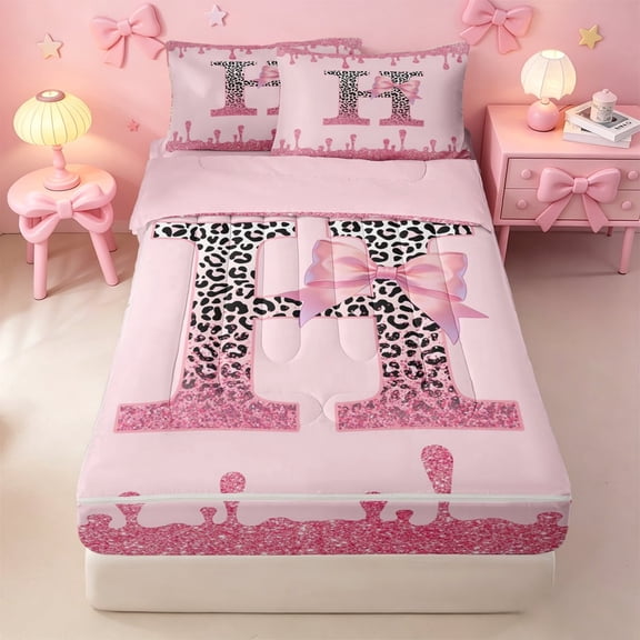 meiyoeat Pink Bow Tie Monogram Zipper Twin Comforter Sets with Fitted Sheet and 2 Pillowcases For Girls,Sparkling Leopard Drip Print Zipper Bedding Set,Pink Reversible,4-Piece