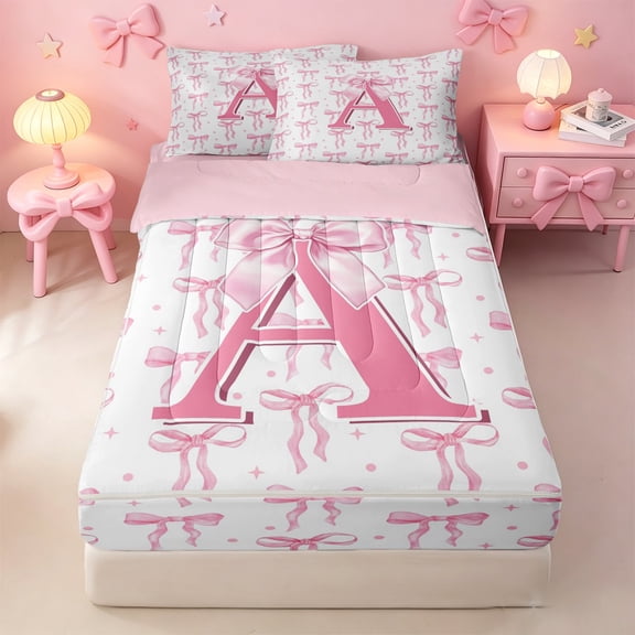 meiyoeat Pink Bow Zipper Twin Comforter Sets with Fitted Sheet and 2 Pillowcases For Girls,Coquette Bowtie Monogrammed A Print Zipper Bedding Set For Kids,pink Reversible,4 Pieces