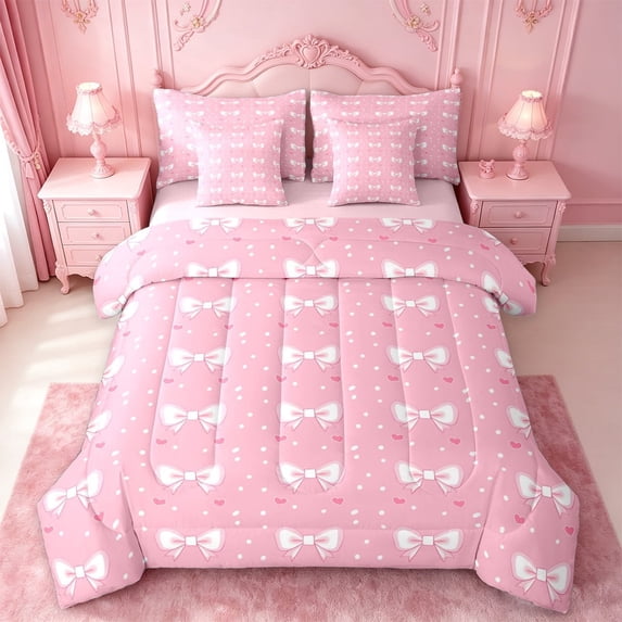 meiyoeat Pink Bowknot 7-Piece Twin Bedding For Girls,Cute Loves Pattern Bedding Comforter Set For Women,Pink Reversible
