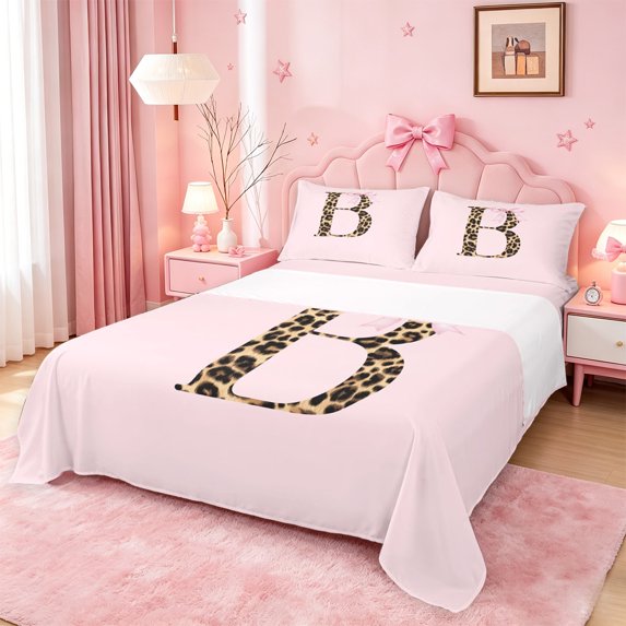 meiyoeat Pink Bowknot Monogram B Bed Sheets,Cheetah Print Letter Art Full Size Sheets For Girl,4-Piece,1 Flat Sheet,1 Fitted Sheet and 2 Pillowcases