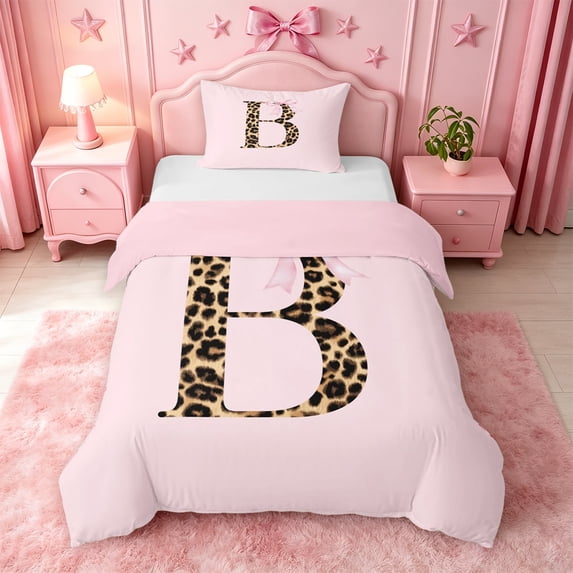meiyoeat Pink Bowknot Monogram B Twin Duvet Cover,Cheetah Print Letter Art Twin Bedding For Girl,Pink Reversible,2pcs,1 Duvet Cover and 1 Pillowcase