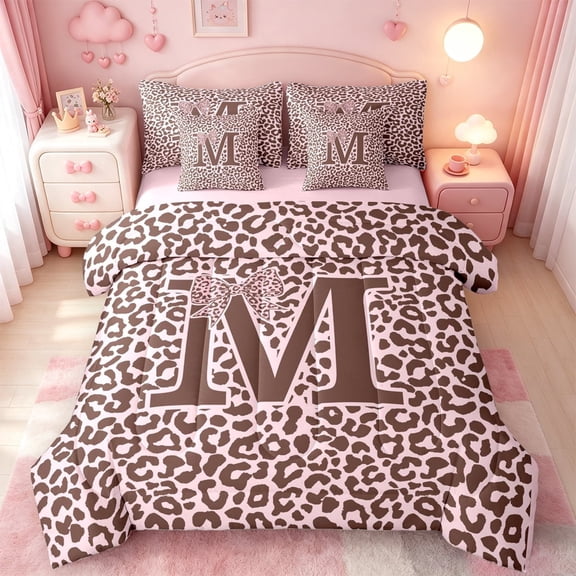 meiyoeat Pink Bowknot Monogrammed M 7-Piece Twin Bedding For Girls,Cheetah Print Letter Design Bedding Comforter Set,Pink Reversible