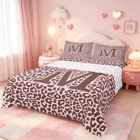 meiyoeat Pink Bowknot Monogrammed M Bed Sheets For Girls,Cheetah Print Letter Design Full Size Sheets,4pcs1 Flat Sheet, 1 Fitted Sheet and 2 Pillowcases