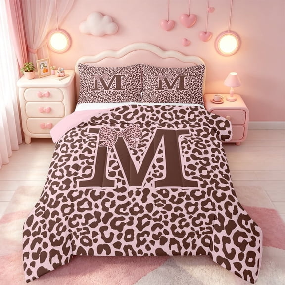 meiyoeat Pink Bowknot Monogrammed M Full Size Comforter Sets For Girls,Cheetah Print Letter Design Bedding Comforter Set,Pink Reversible,3pcs,1 Comforter and 2 Pillowcases