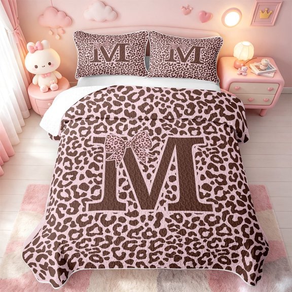 meiyoeat Pink Bowknot Monogrammed M Quilt Full For Girls,Cheetah Print Letter Design Full Bedspread Sets,3pcs,1 Coverlet and 2 Pillowcases