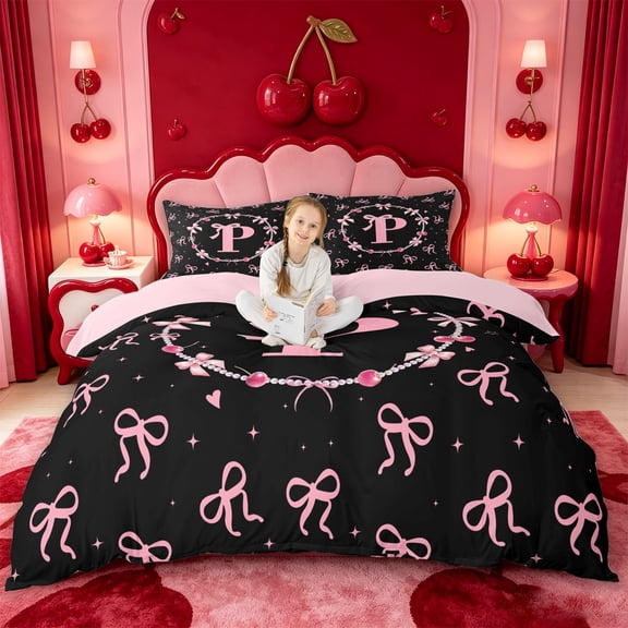 meiyoeat Pink Bowknot Monogrammed P Bedding,3D Cartoon Pearl Duvet Cover Full For Girl,Pink Reversible,3 Pieces,1 Duvet Cover and 2 Pillowcases
