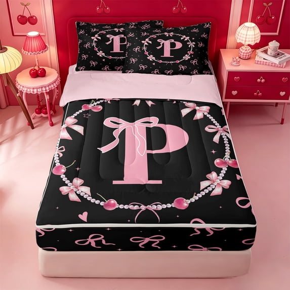 meiyoeat Pink Bowknot Monogrammed P Zipper Twin Comforter Sets with Fitted Sheet and 2 Pillowcases,3D Cartoon Pearl Zipper Bedding Set For Girl,Pink Reversible,4 Pieces