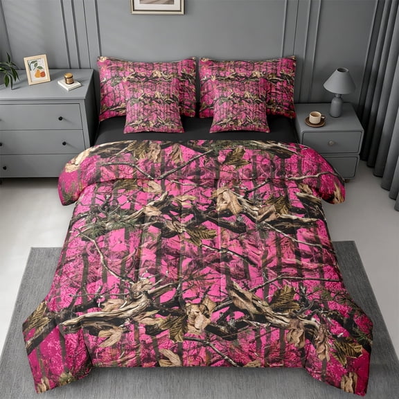 meiyoeat Pink Camo Print 7pcs Queen Bedding For Adults,Rustic Farmhouse Hunting Bedding Comforter Set Queen For Women,Black Reversible