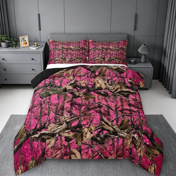 meiyoeat Pink Camo Print Queen Comforter Set For Adults,Rustic Farmhouse Hunting Comforter Sets Queen For Women,Black Reversible,3 Pieces