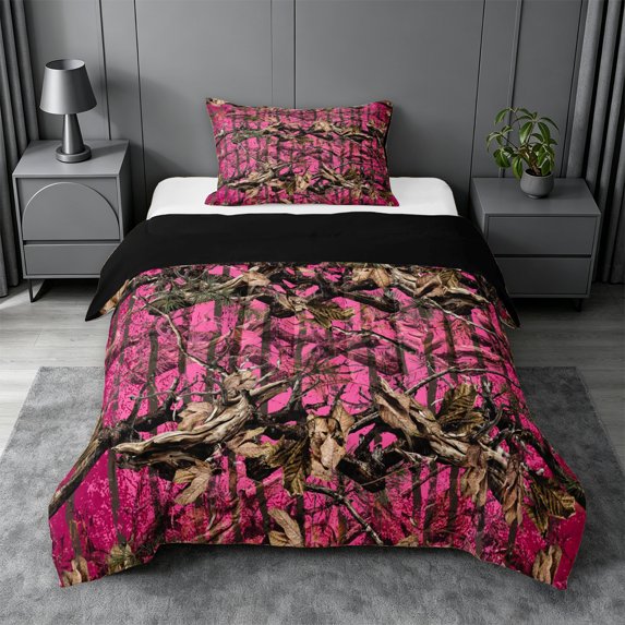 meiyoeat Pink Camo Print Twin Comforter Sets For Adults,Rustic Farmhouse Hunting Bedding Set For Women,Black Reversible,2Pcs