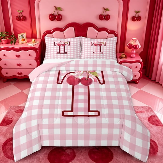 meiyoeat Pink Checkered Initial T King Size Comforter Sets,Bowknot Cherry Monogrammed Print Comforters King Size For Girl,Pink Reversible,3 Pieces,1 Comforter And 2 Pillowcases