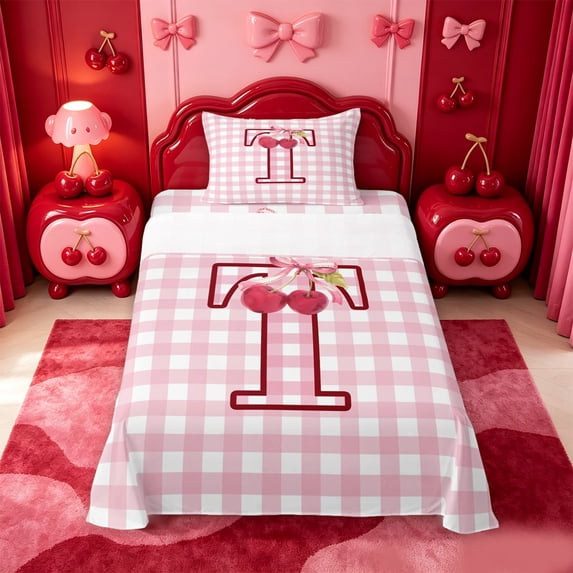 meiyoeat Pink Checkered Initial T Twin Sheets,Bowknot Cherry Monogrammed Print Bedding For Girl,3 Pieces,1 Fitted Sheet and 1 Pillowcase
