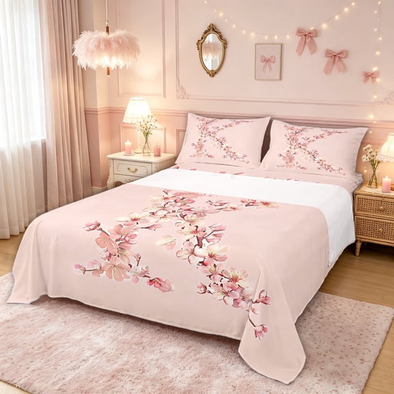 meiyoeat Pink Cherry Blossom Letter K Bed Sheets for Girls, Floral Monogram Full Size Sheets, 4pcs, 1 Flat Sheet, 1 Fitted Sheet and 2 Pillowcases