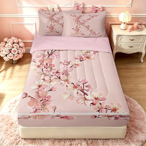 meiyoeat Pink Cherry Blossom Letter K Zipper Full Size Comforter Sets with Fitted Sheet and 2 Pillowcases for Girls, Floral Monogram Zipper Bedding Set, Pink Reversible, 4pcs