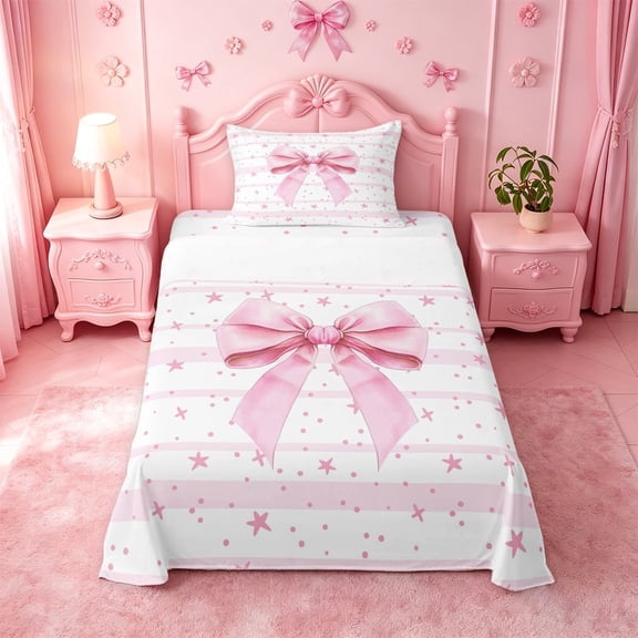 meiyoeat Pink Coquette Bow Twin Sheets For Girls,Cute Polka Dots Stars Bedding For Kids,3-Piece