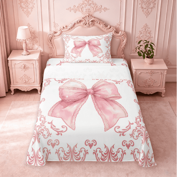 meiyoeat Pink Coquette Bow Twin Sheets For Kids,Retro Damask Baroque Floral Bedding For Girls, Pink White,3 Pieces