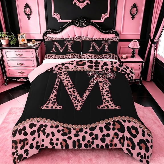 meiyoeat Pink Coquette Bowknot Full Size Comforter Sets For Leopard Bow Lover,Kids Personalized Initial M Bedding Sets,pink Reversible,3 Pieces