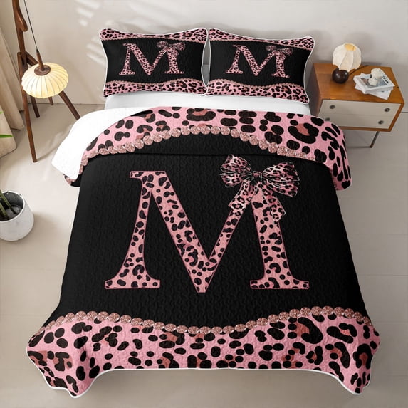 meiyoeat Pink Coquette Bowknot Quilt Full For Leopard Bow Lover,Kids Personalized Initial M Full Bedspread Sets,3-Piece