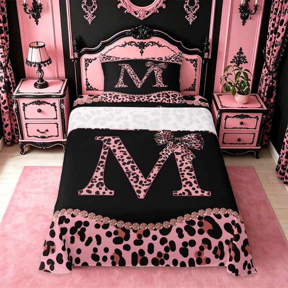 meiyoeat Pink Coquette Bowknot Twin Sheet Sets For Leopard Bow Lover,Kids Personalized Initial M Bedding,3-Piece