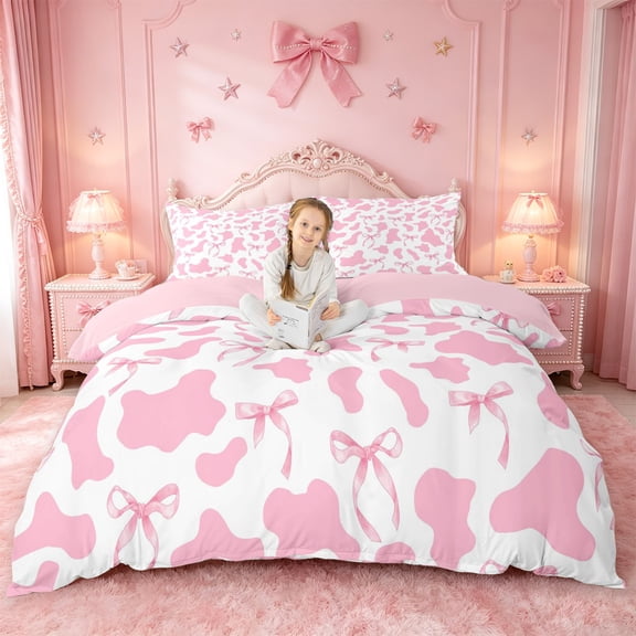 meiyoeat Pink Cow Print Bedding,Girly Bow Duvet Cover Full For Girl,Reversible,3-Piece,1 Duvet Cover and 2 Pillowcases
