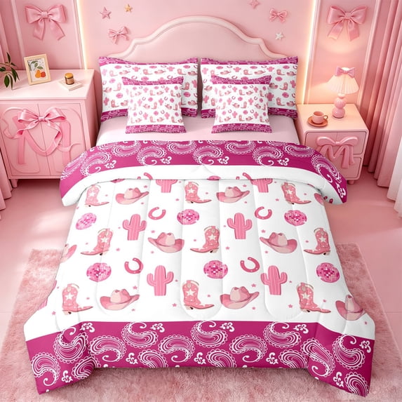 meiyoeat Pink Cowboy Paisley 7-Piece Twin Bedding,Girly Western Pattern Bedding Comforter Set For Girl,Reversible