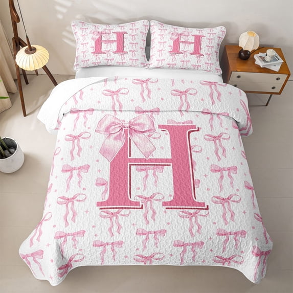 meiyoeat Pink Cute Bow Quilt Full For Girls,Dreamy Bowknot Monogram Print H Full Bedspread Sets For Kids,3pcs