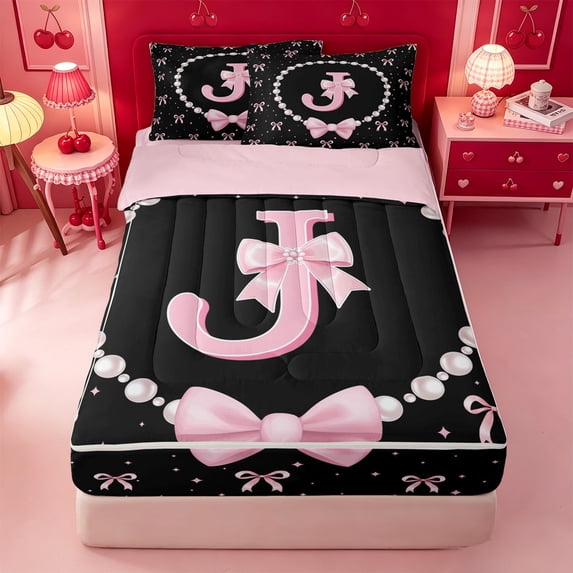 meiyoeat Pink Cute Bow Zipper Full Size Comforter Sets with Fitted Sheet and 2 Pillowcases For Girls,Kawaii Bowknot Monogrammed J Zipper Bedding Set For Kids,Pink Reversible,4-Piece
