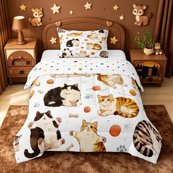meiyoeat Cute Cartoon Kitten Twin Comforter Sets,Cute Animal Cat Bedding Set For Girl,Reversible,2 Pieces,1 Comforter and 1 Pillowcase
