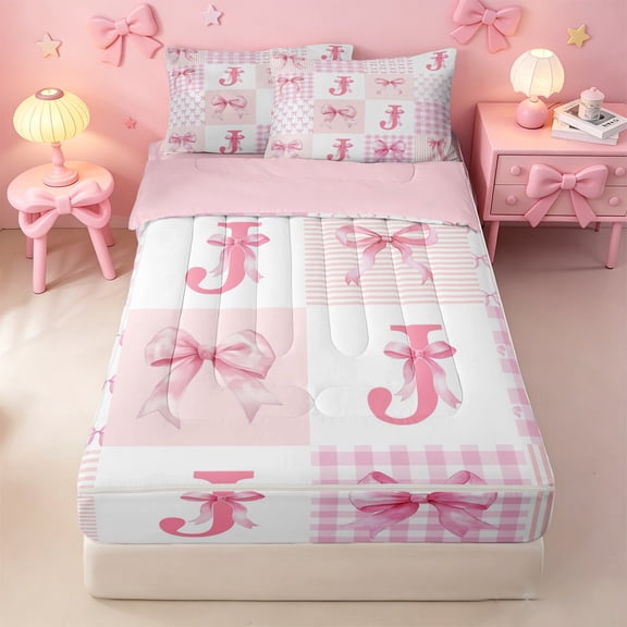 meiyoeat Pink Cute Bow Zipper Twin Comforter Sets with Fitted Sheet and 2 Pillowcases For Girls,Ribbon Bowknot Monogrammed J Zipper Bedding Set For Kids,Pink Reversible,4 Pieces