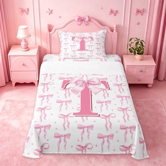 meiyoeat Pink Cute Bowknot Twin Sheet Sets For Girls,Dreamy Bow Tie Monogram Print T Bedding For Kids,3-Piece