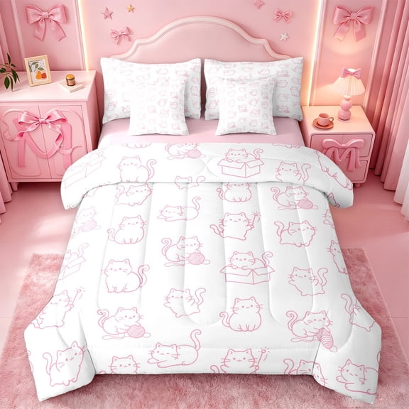 meiyoeat Pink Cute Cat Pattern 7-Piece Twin Bedding,Girly Kitten Print Bedding Comforter Set For Girl,Reversible