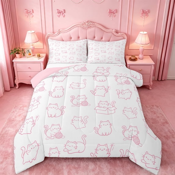 meiyoeat Pink Cute Cat Pattern Full Size Comforter Sets,Girly Kitten Print Bedding Comforter Set For Girl,Reversible,3 Pieces,1 Comforter and 2 Pillowcases
