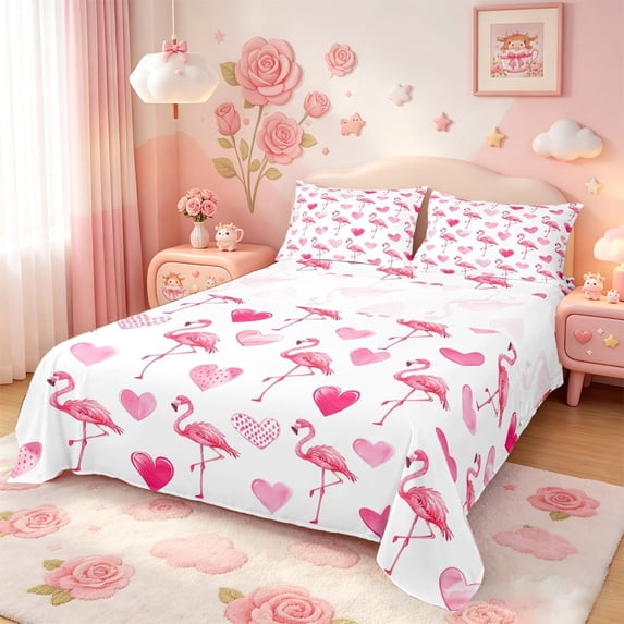 meiyoeat Pink Flamingo Heart Bed Sheets,Tropical Animal Print Full Size Sheets For Girls,4 Pieces1 Flat Sheet, 1 Fitted Sheet and 2 Pillowcases