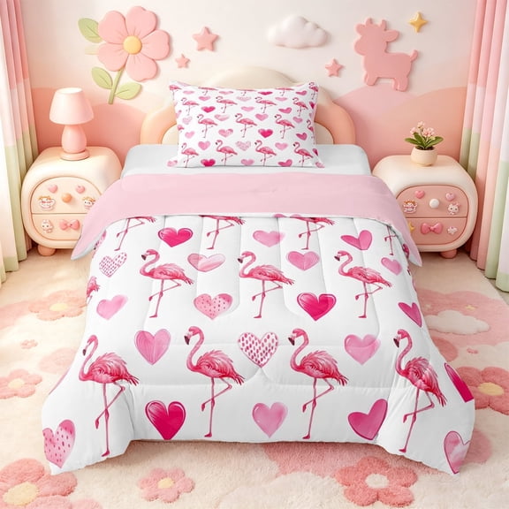 meiyoeat Pink Flamingo Heart Twin Comforter Sets,Tropical Animal Print Bedding Set For Girls,Pink Reversible,2-Piece,1 Comforter and 1 Pillowcase