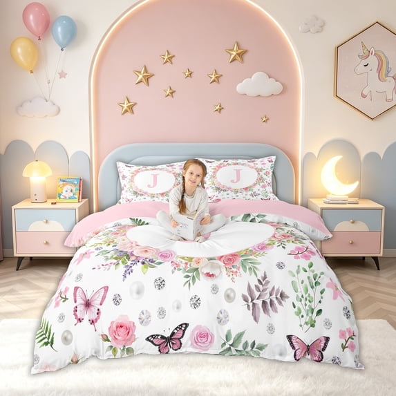 meiyoeat Pink Floral Butterfly Letter J Bedding for Girls, Cute Monogram Duvet Cover Full, Pink Reversible, 3 Pieces, 1 Duvet Cover and 2 Pillowcases