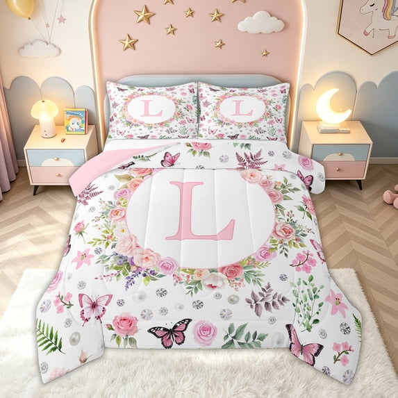 meiyoeat Pink Floral Butterfly Letter L Full Size Comforter Sets for Girls, Cute Monogram Bedding Comforter Set, Pink Reversible, 3-Piece, 1 Comforter and 2 Pillowcases