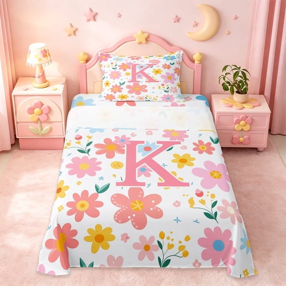 meiyoeat Pink Floral Monogrammed K Twin Sheet Sets For Girls,Cute Cartoon Flower Bedding For Kids,3pcs