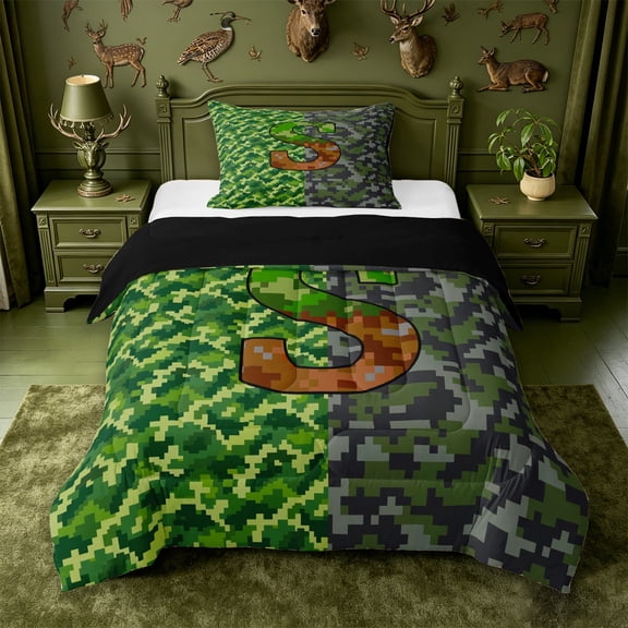 meiyoeat Pixel Game Monogrammed S Twin Comforter Sets For Boys,Abstract Geometric Grid Camouflage Print Bedding Set,Black Reversible,2-Piece,1 Comforter and 1 Pillowcase