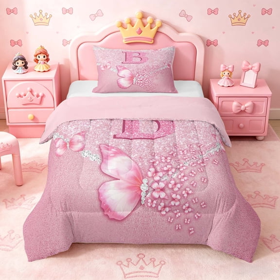 meiyoeat Pink Glitter Butterfly Monogrammed B Twin Comforter Sets for Girls, Sparkle Floral Initial Letter Bedding Set, Pink Reversible 2pcs, 1 Comforter and 1 Pillowcase