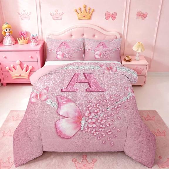 meiyoeat Pink Glitter Butterfly Monogrammed A Full Size Comforter Sets for Girls, Sparkle Floral Initial Letter Bedding Sets, Pink Reversible 3 Pieces, 1 Comforter and 2 Pillowcases