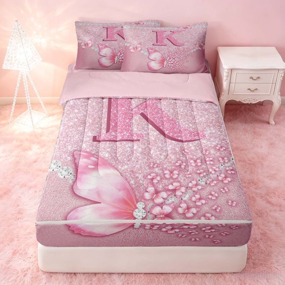 meiyoeat Pink Glitter Butterfly Monogrammed K Zipper Twin Comforter Sets with Fitted Sheet and 2 Pillowcases for Girls, Sparkle Floral Initial Letter Zipper Bedding Set, Pink Reversible