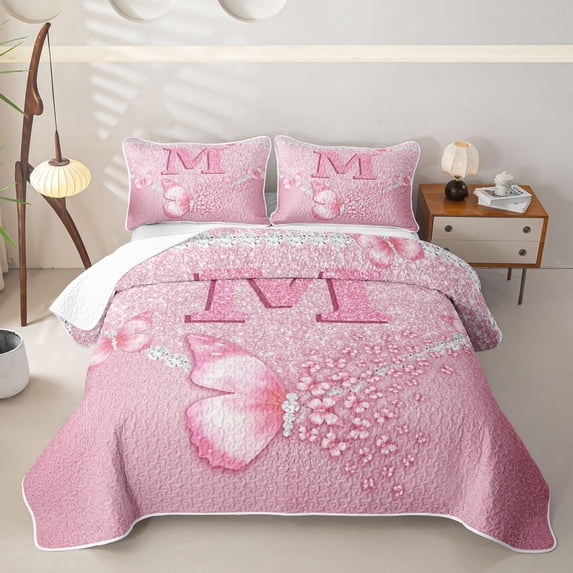 meiyoeat Pink Glitter Butterfly Monogrammed M Quilt King for Girls, Sparkle Floral Initial Letter King Coverlet Set, 3-Piece 1 Bedspread and 2 Pillowcases