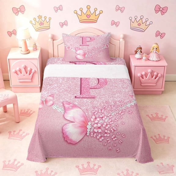 meiyoeat Pink Glitter Butterfly Monogrammed P Twin Sheet Sets for Girls, Sparkle Floral Initial Letter Bedding, 3pcs, 1 Flat Sheet, 1 Fitted Sheet and 1 Pillowcase