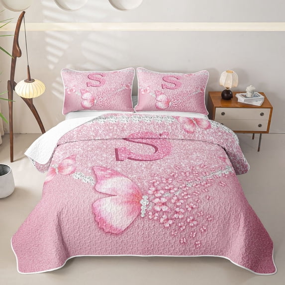 meiyoeat Pink Glitter Butterfly Monogrammed S Twin Quilt Set for Girls, Sparkle Floral Initial Letter Twin Coverlet Set, 2-Piece 1 Bedspread and 1 Pillowcase