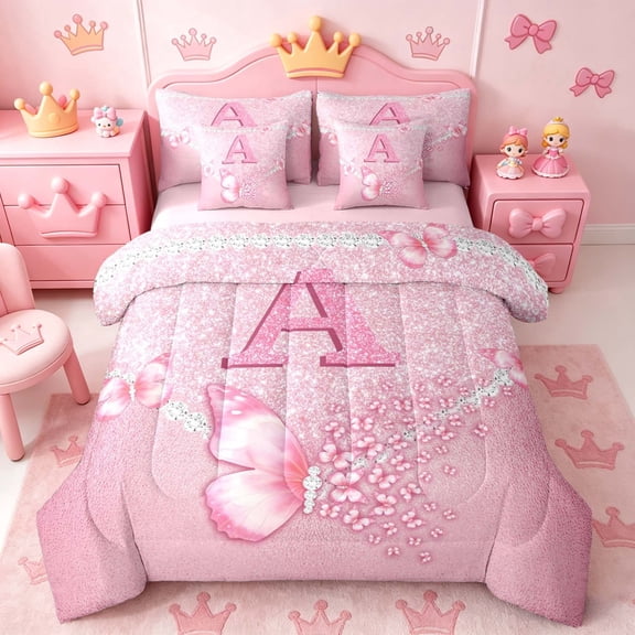 meiyoeat Pink Glitter Butterfly Monogrammed A Twin Bedding Sets for Girls, Sparkle Floral Initial Letter Bedding Comforter Set, Pink Reversible 7-Piece