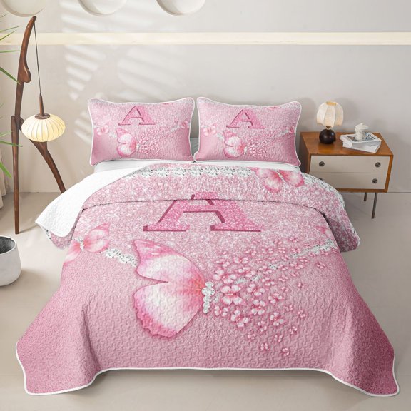 meiyoeat Pink Glitter Butterfly Monogrammed A Twin Quilt Set for Girls, Sparkle Floral Initial Letter Twin Coverlet Set, 2-Piece 1 Bedspread and 1 Pillowcase