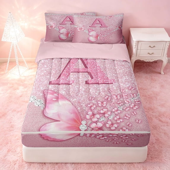 meiyoeat Pink Glitter Butterfly Monogrammed A Zipper Twin Comforter Sets with Fitted Sheet and 2 Pillowcases for Girls, Sparkle Floral Initial Letter Zipper Bedding Set, Pink Reversible